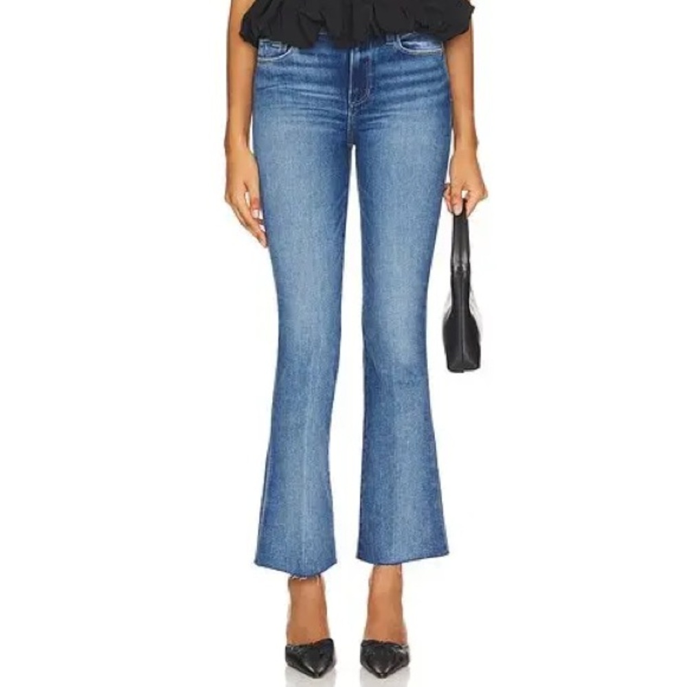 PAIGE Petite Laurel Canyon Raw Hem Flare Blue Women's Jeans - Olivin Distressed - Picture 2 of 10